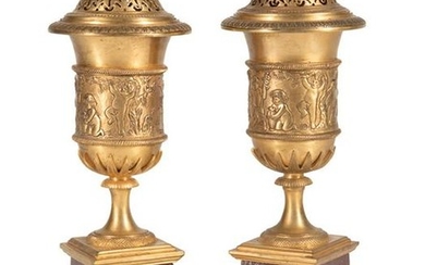 Rouge Marble & Gilt Bronze Candle Vases