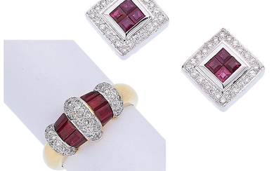 Ruby, Diamond, Gold Jewelry The lot includes: one ring...