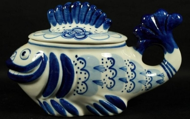 Russian Porcelain Fish Container With Cover.
