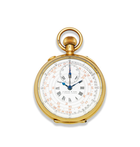 S. Smith and Son, 9 Strand, London. An 18K gold keyless wind open face split second chronograph pocket watch