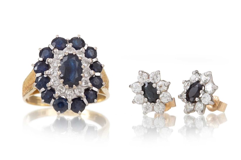 SAPPHIRE AND DIAMOND RING ALONG WITH A PAIR OF GEM SET EARRINGS