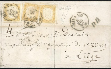 SARDEGNA-BELGIO 1860 - 80 cent, giallo ocra pallido (17A), tre...