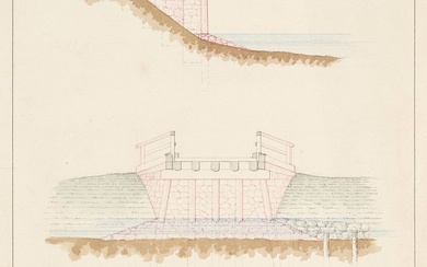 Sammlung von sechs hydrotechnischen Original-Zeichnungen den Fluss Traun bei Traunstein betreffend. Um 1860-1870. Aquarellierte Federzeichnungen...