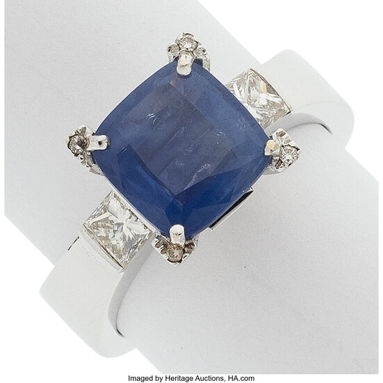 Sapphire, Diamond, White Gold Ring Stones: Cushion-shaped sapphire weighing...