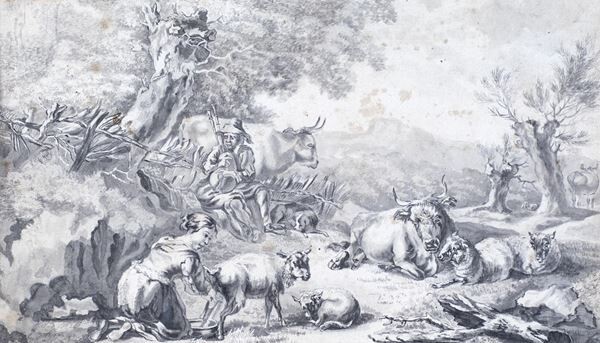 Scena campestre con figure, animali e rovine, Nicolaes Pietersz Berchem (Haarlem, 1620 - Amsterdam, 1683)