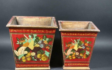 Set of 2 Wood Flowerpot Containers Decorated with Hand Paintings