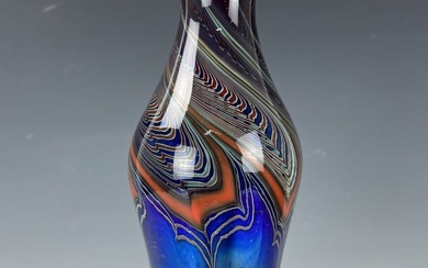 Signed Cobalt Blue Iridescent Pulled Feather Glass Bottle