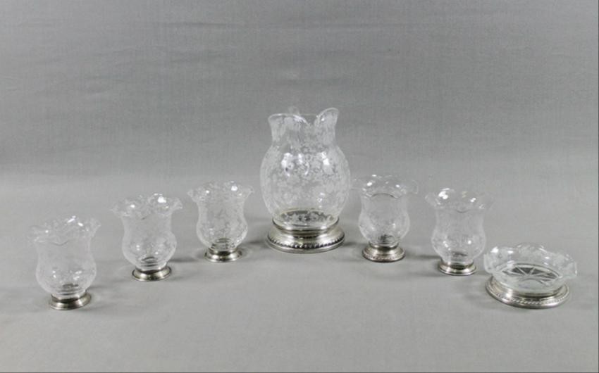 Seven Piece Sterling And Etched Glass Drink Set