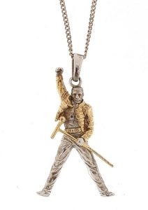 Silver gilt Freddie Mercury pendant on a white metal chain, ...