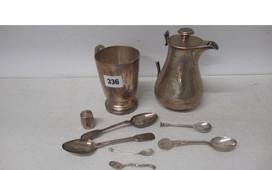 Silver items: Pot, cup, spoons and pepper pot, approx 20 tro...