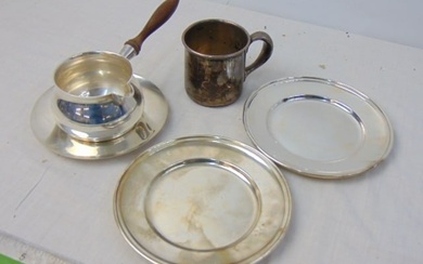 Silver lot, Tiffany pitcher on plate, pair small dishes & Gorham cup, 18 troy