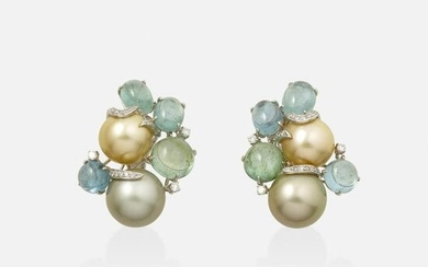 South Sea cultured pearl, aquamarine, diamond earrings