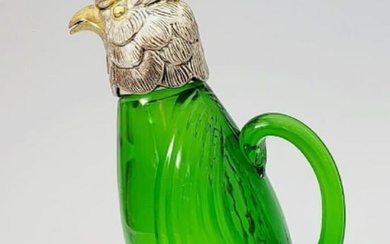 Spanish Sterling Silver EMERALD GREEN CRYSTAL Figural Bird Decanter Cruet