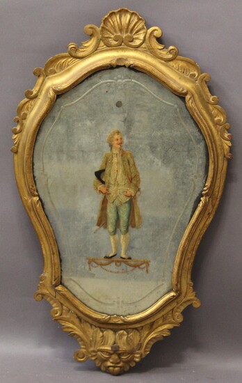 Specchiera veneziana di linea centinata in legno dorato, specchio dipinto a soggetto di nobiluomo del '700 .