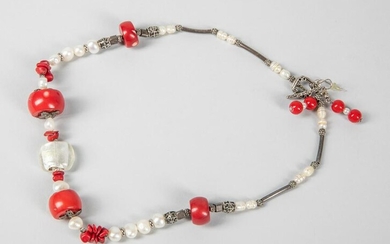 Sterling Silver & Coral Like Pearl Necklace