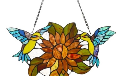 Sunflower Hummingbirds Stained Art Glass Hanging Panel
