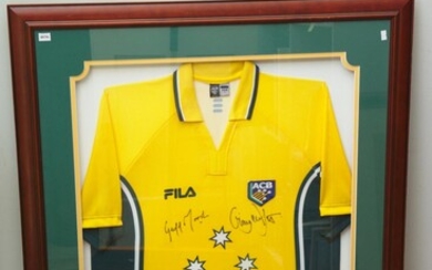 TEST CRICKET GUERNSEY SIGNED BY GEOFF MARSH AND CRAIG MCDERMOTT, 112 CM HIGH X 91 CM WIDE