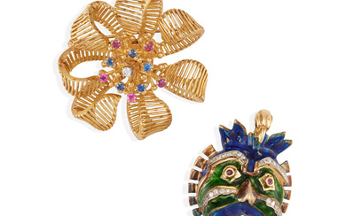 TWO 14K AND 18K GOLD, GEM-SET, DIAMOND AND ENAMEL BROOCHES...