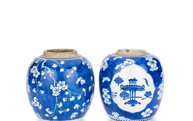 TWO BLUE AND WHITE PRUNUS AND CRACKED ICE GINGER JARS...