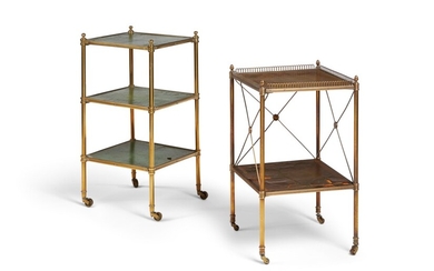 TWO FRENCH BRASS AND TOOLED LEATHER SIDE TABLES, 20TH CENTURY