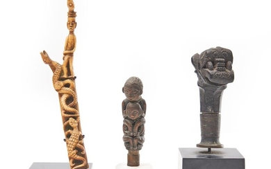 TWO INDONESIAN CARVED HANDLES TOGETHER WITH A BONE CARVING CIRCA 19TH CENTURY