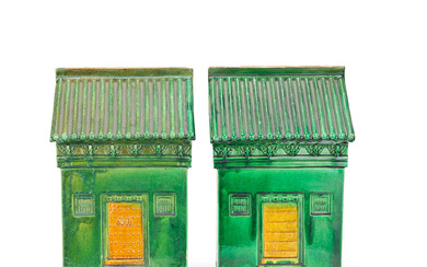 TWO LARGE GREEN AND YELLOW-GLAZED MODELS OF BUILDINGS Ming Dynasty