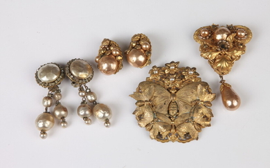 TWO MIRIAM HASKELL COSTUME JEWELRY PINS, ONE WITH MATCHING EARRINGS....