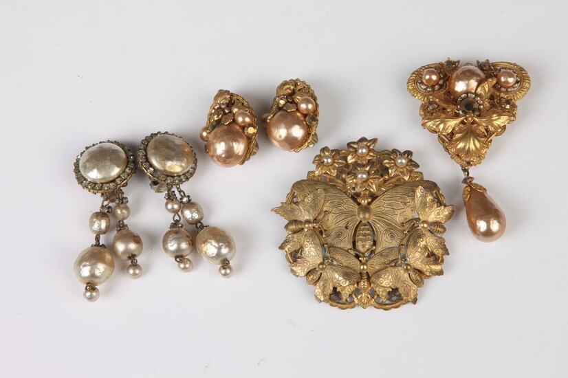 TWO MIRIAM HASKELL COSTUME JEWELRY PINS, ONE WITH MATCHING EARRINGS....