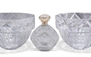 TWO ORREFORS CLEAR GLASS BOWLS, AND A LALIQUE GLASS PERFUME BOTTLE