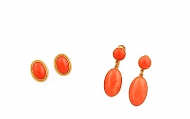 TWO PAIR OF CORAL AND GOLD EARRINGS