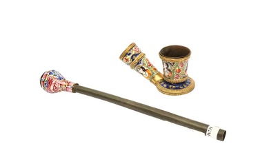 TWO POLYCHROME-PAINTED ENAMELLED COPPER PIPE ELEMENTS Qajar Iran, 19th century