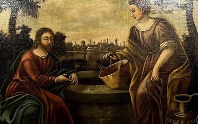 Tableau Italien Du XVIIème Siècle : La Rencontre De La Samaritaine Et De Jésus Christ
