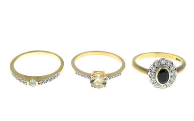 Three 9ct gold gem-set and paste rings.