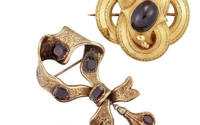 Three Victorian gold and garnet brooches, comprising: one of looped quatrefoil design with central closed-set oval cabochon ruby and bead detail, width 4.5cm; a closed-set cut-cornered rectangular garnet scroll engraved looped bow with tapered...