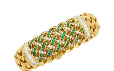Tiffany & Co. Gold, Emerald and Diamond Basketweave Bracelet