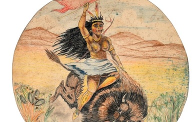 Topless Indian Princess Riding a Buffalo.