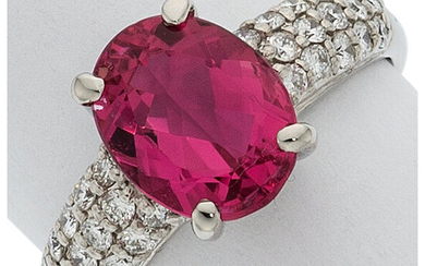 Tourmaline, Diamond, Platinum Ring Stones: Oval-shaped pink tourmaline weighing...
