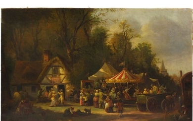 Town fête with Punch and Judy and a carousel, Victorian oil ...