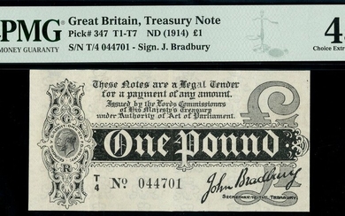 Treasury Series, John Bradbury, first issue £1, ND (7 August 1914), serial number T/4 044701, (...