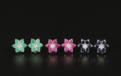 Trio of Sterling Flower Stud Earrings with Sapphire, Emerald and Ruby