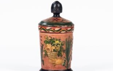 Turned, Painted, and Decoupaged Lehnware Covered Cylindrical Jar