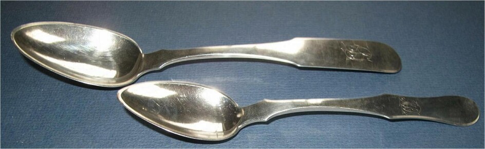 Two Baltimore, MD. early S. Kirk 10.15 silver fiddle back coin silver spoons c1828/1846 GC3A