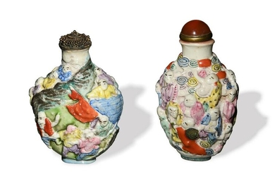 Two Chinese Carved Famille Rose Snuff Bottle, Late 19th