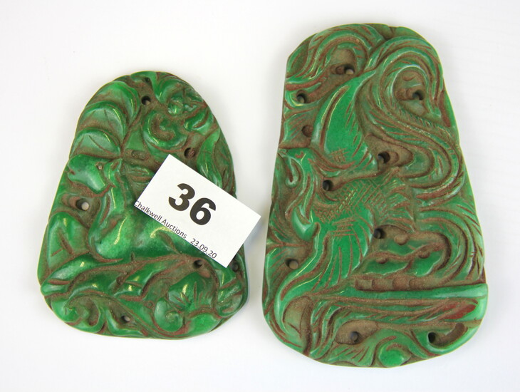 Two Chinese jade carved hardstone amulets, largest 12cm.