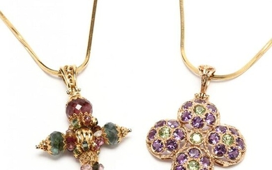 Two Gold and Gem-Set Cross Pendant Necklaces