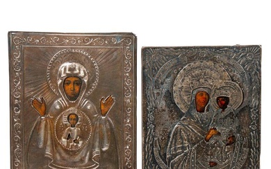 Two Miniature Russian Silver Icons of Theotokos.
