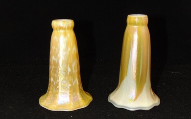 Two Quezal lily glass shades