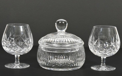 Two Waterford Snifters & Crystal Biscuit Jar