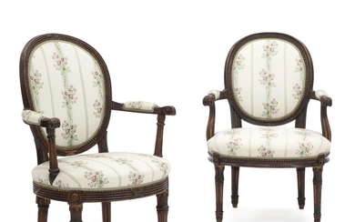 Two almost identical Danish Louis XVI beechwood armchairs. Ca. 1780. (2).