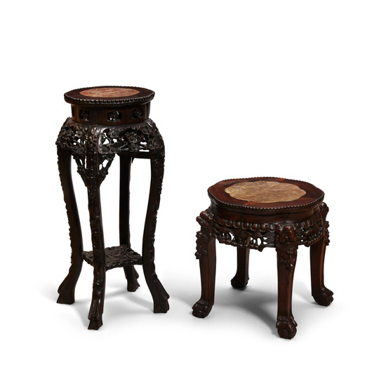 Two carved hardwood marble top tables